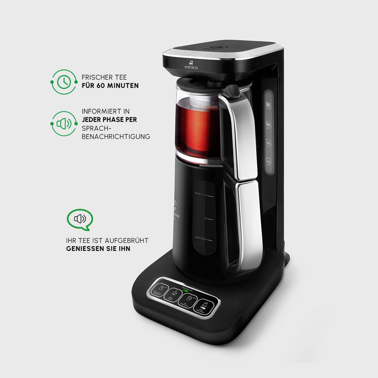 Karaca Caysever Robotea Pro 4-en-1 Theiere Electrique Automatique, Machine à Café Filtré, Bouilloire à Thé, Theiere avec Infuseur, 2500W, Chrome