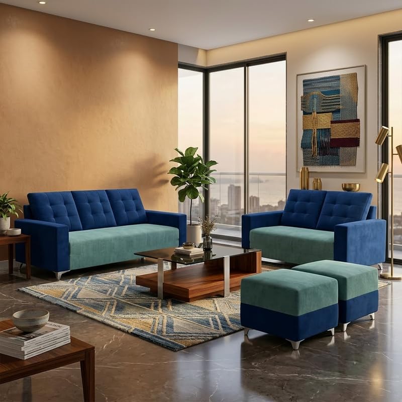 Image of Hakuna Dual Tone Plush Velvet 3 Seater + 2 Seater Sofa Set with 2 Ottoman | Silken Velvet Suede Upholstery | Designer Sofa for Living Room & Office Spaces (Dark Blue & Sky Blue)