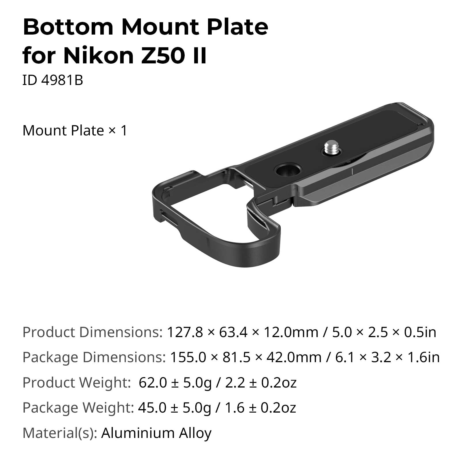 SMALLRIG Płyta bazowa Z50 II do Nikona, aluminiowa płyta montażowa dolna Z50 II z płytką szybkiego zwalniania do Arca, otwory gwintowane 1/4"-20, porty QD, otwory na pasek - 4981