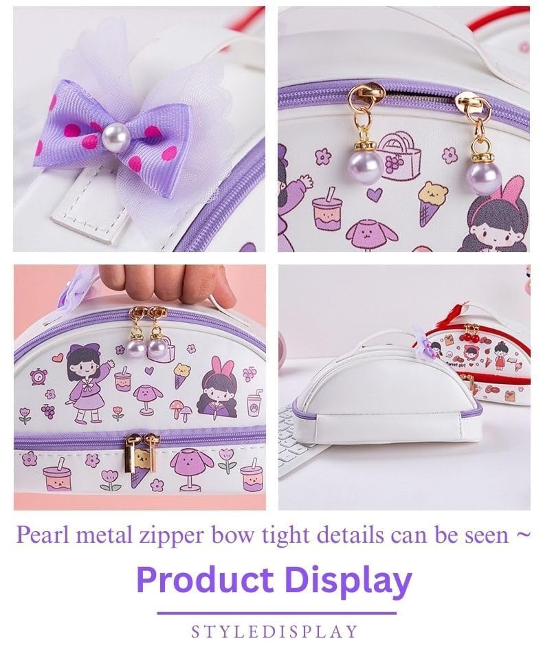 Image of Kawaii Large Capacity Pencil Case with Pearl Zipper Washable Durable PU Leather Pen Bag, Cute School Stationery Organizer for Girls, Kids, Teens, Students (Summer Girl Blue Pouch)