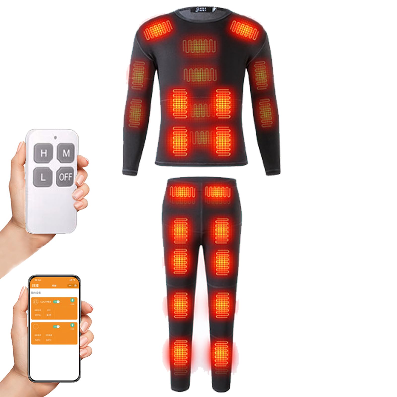 Tovchei Unisex Black 32 Areas Heated Thermal Underwear Set, App Control Motorcycle Clothing Fleece Thermal Shirt Pants, Without Battery,,M