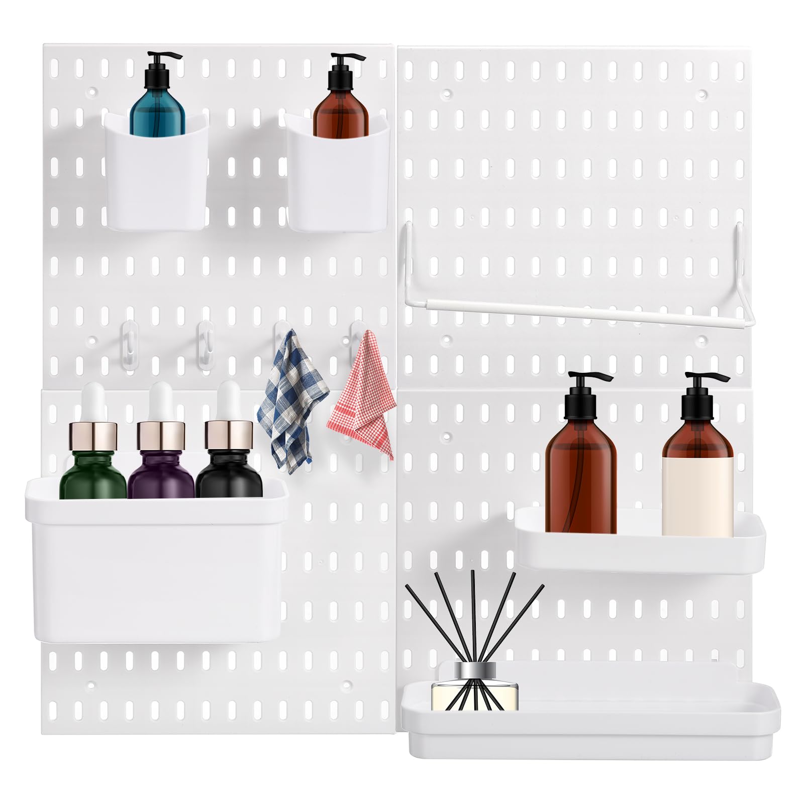 QUARKZMAN 4uds Plástico Perforado Tablero Pared Perforado Tablero Panel Kits Incluido Inodoro Papel Soporte Blanco Largo Gancho Almacenamiento Caja Contenedores Separador Plato
