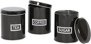 Harbour Housewares 3pc Round Metal Tea Coffee Sugar Canisters Set - Black - Kitchen Storage Tin Caddy Container Tea Coffee...
