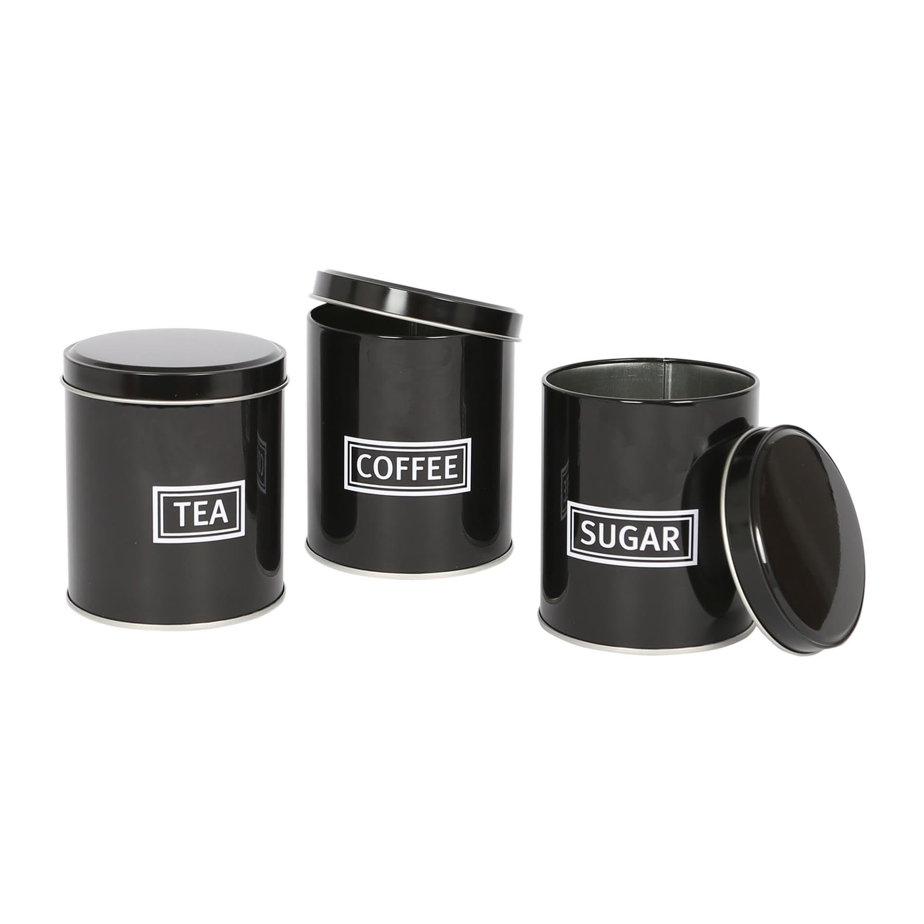 Harbour Housewares 3pc Round Metal Tea Coffee Sugar Canisters Set - Black - Kitchen Storage Tin Caddy Container Tea Coffee and Sugar Canister Jars with Lid