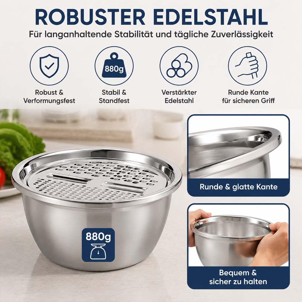 Multifunktionales Edelstahlbecken 3-In-1-Reibe, Abtropfsieb,SalatschüSsel,VergrößErt Und VerstäRkt (880 g),Siebbecken RüHrschüSsel-Set, FüR GemüSe, Obst Und ReisspüLer (26cm)