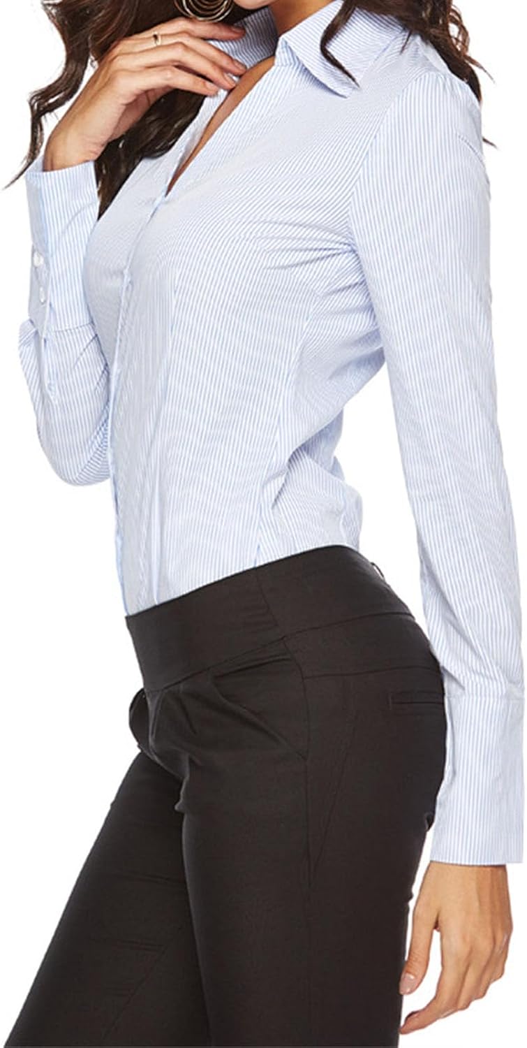 Ladies V-Neck Slim Pinstripe Work Shirt Formal Classic Office Blouses Slim Fit Dress Button Down Shirts