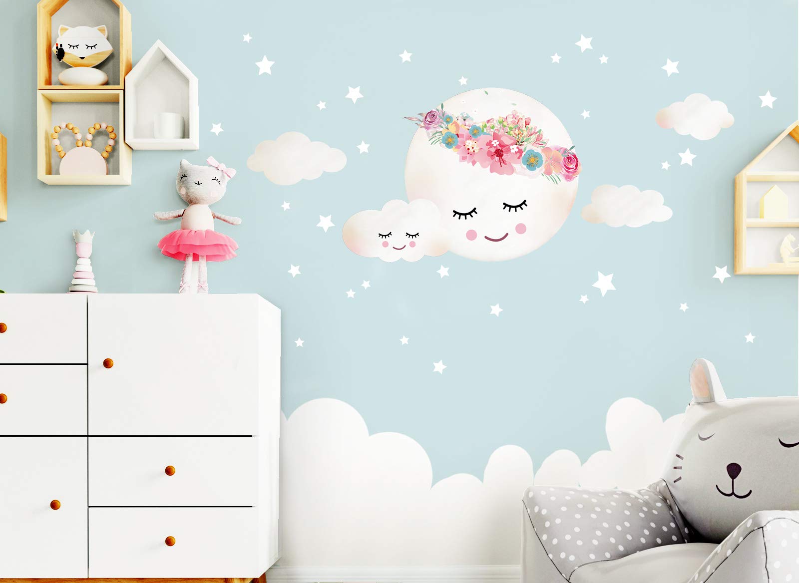 Little Deco DL264 - Adhesivo decorativo de pared para habitación de niños, niñas y bebés con diseño de luna, nubes, estrellas y flores II, autoadhesivo infantil - 65 x 48 cm (ancho x alto)