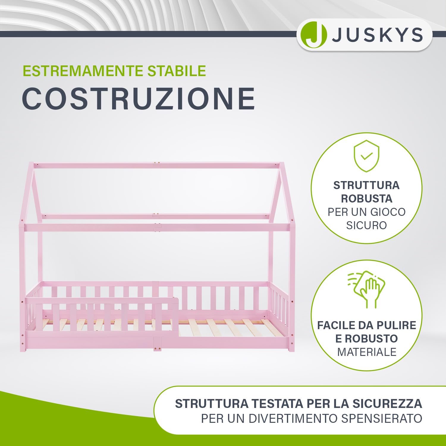 Juskys letto per bambini Marli 90 x 200 cm con barriera anticaduta, rete a doghe e tetto - Letto casetta in legno massiccio per bambini - Colore Rosa