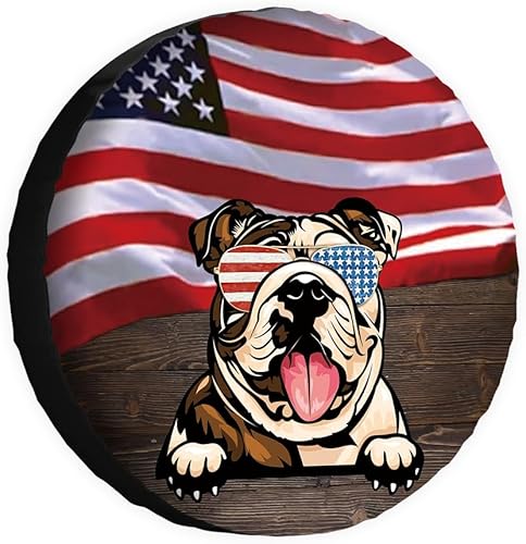 Cubierta de neumático de repuesto para perro, Bulldog inglés con gafas de sol, bandera estadounidense, fundas protectoras de ruedas a prueba de