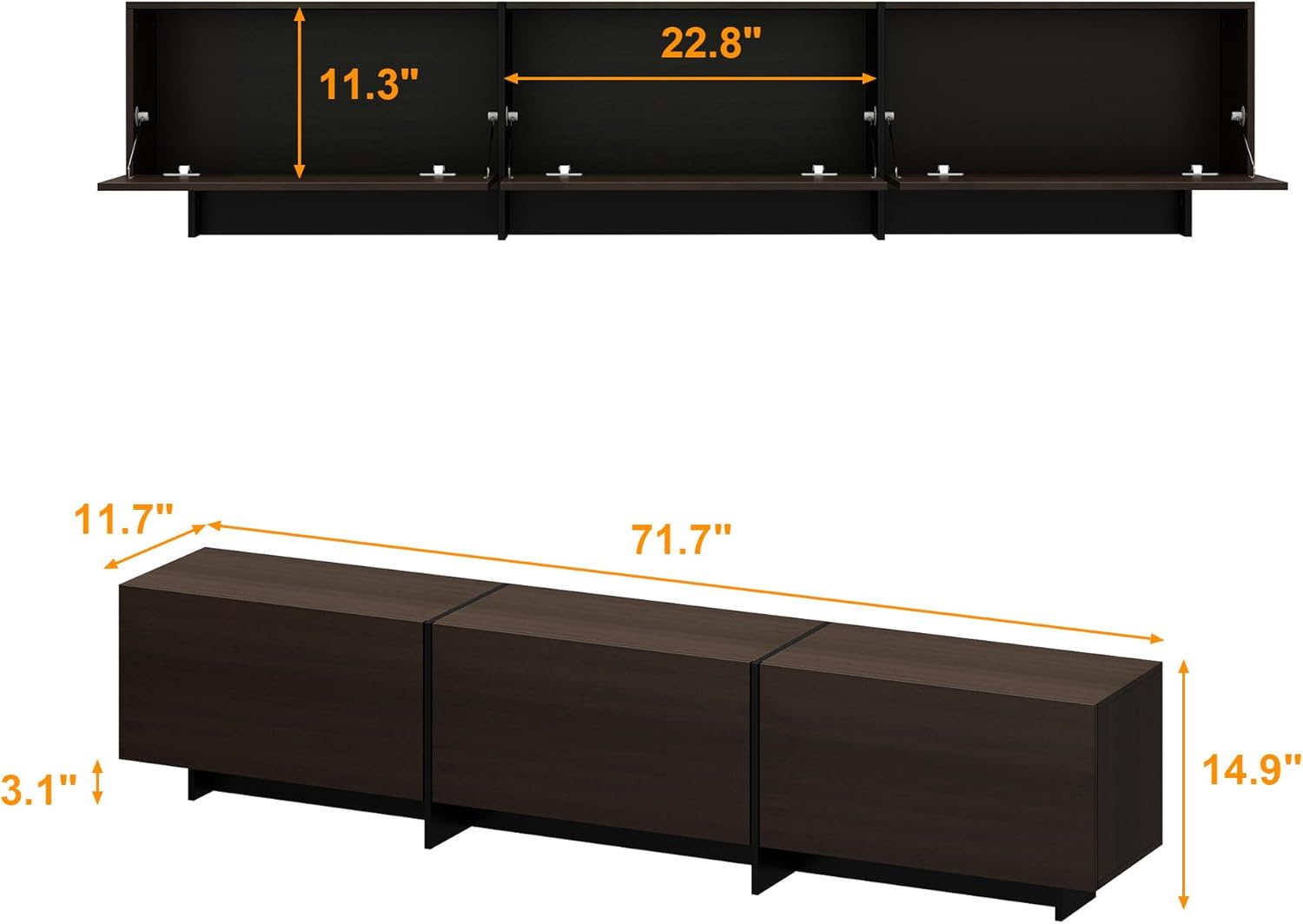 71.7 Inch TV Stand for TVs Up to 80", Modern Entertainment Center with 3 Compartments, Flip Down Doors and T-Shape Legs, Long Media Console Living Room, Black Brown