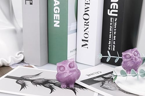 Miniatura 9 de QINJIEJIE Paquete de figuras de búho de cristal de amatista y cristales de lepidolita, piedras preciosas naturales de Reiki, decoración de piedra