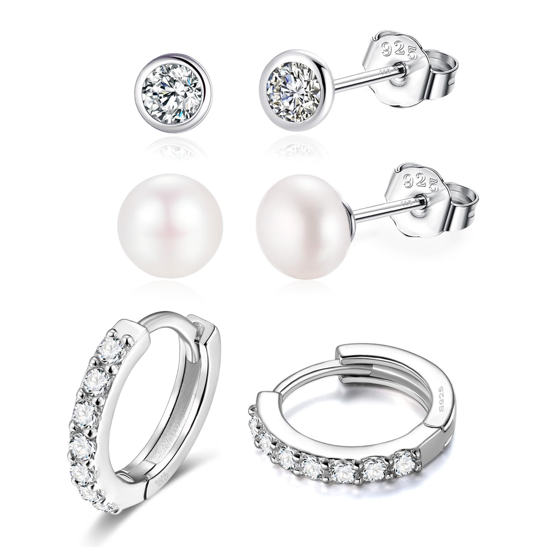 Set di 3 paia di orecchini a cerchio in argento con zirconia