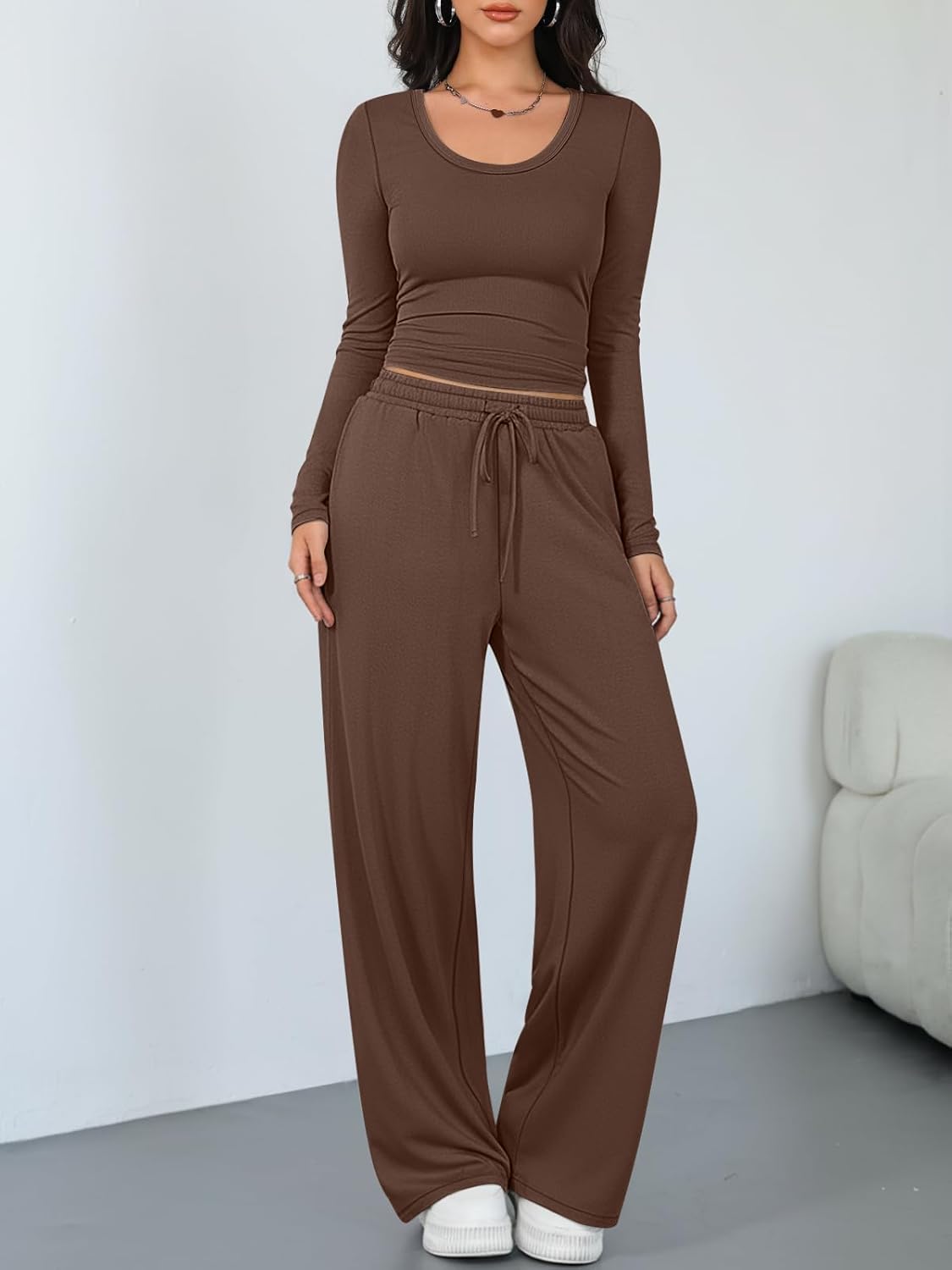 Trendy Queen Women 2 Piece Matching Lounge Sets Clothing Wide Leg Pants 2026 Y2K Sweatsuits Spring Travel Airport Outfit - Image 2
