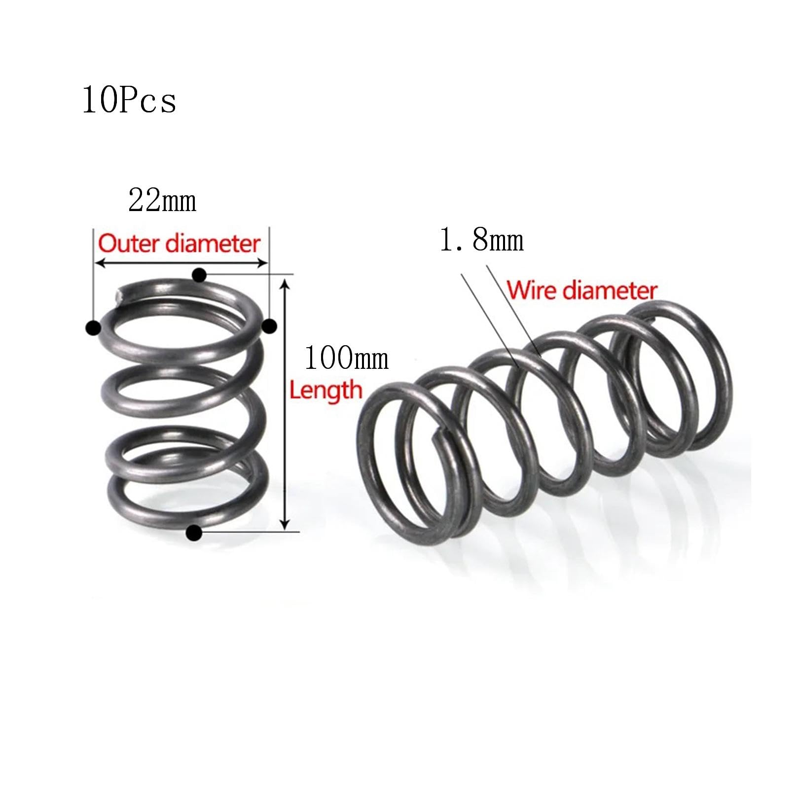 Sprężyny ściskowe, 10 szt. stali sprężynowej, średnica zewnętrzna 22 mm, drutu 1(1.8 x 22 x 100mm)