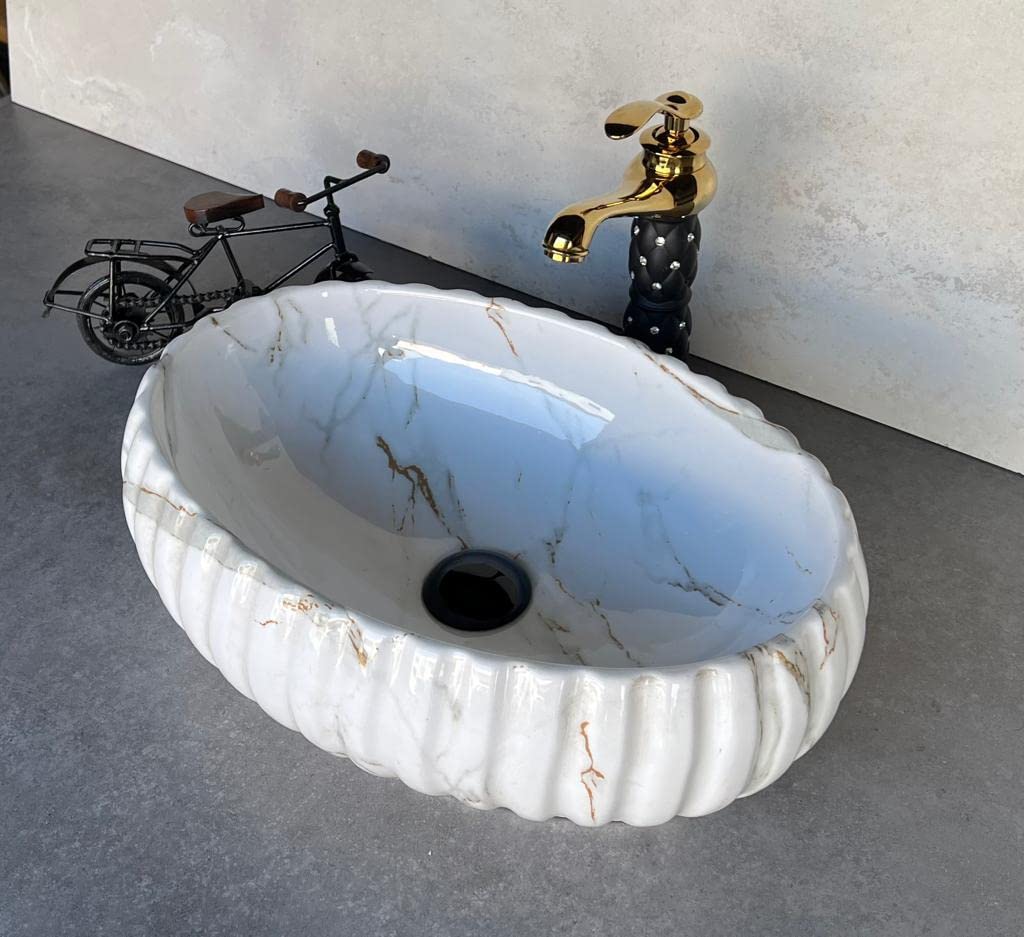 NEROBI Designer Glossy Finish Table Top Ceramic Wash Basin Vessel Sink | Collapsible Wash Basin | Wash Basin for Bathroom | Ceramic Bathroom Sink (Designer White Grey & Gold, 20 x 14 x 5.5 Inch) (B0BW98T9BL) Amazon Price History, Amazon Price Tracker