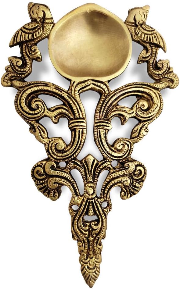 Peacock Designer Kapoor Aarti Diya in Brass (7.6 inches length) for Pooja