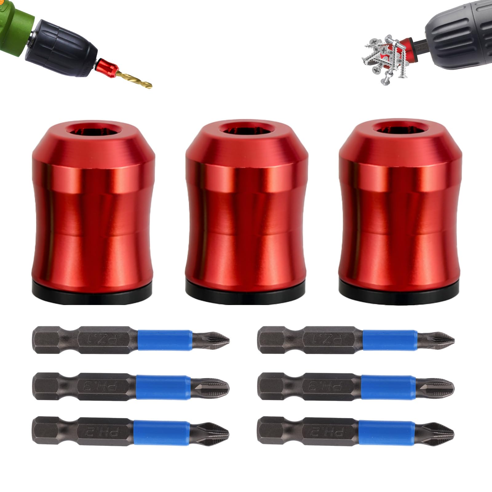 3pcs High Magnetic Screw Ring with 6pcs Drill Bits, Removable Screwdriver Head Premium Magnetic Magnetiser Ring Precision for Hex Screwdrivers Power Drill Tools Anti slip Fixion Accessories Parts(Red)