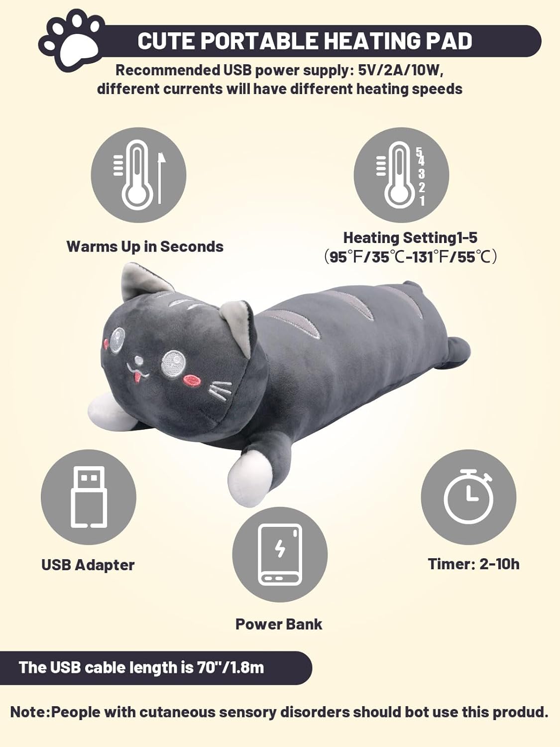 20" Grey Cat Heating Pad for Period Cramps USB Portable Electric 5 Heat Settings 5 Timer Modes Auto Shut Off Plush Stuffed Animal Warmer for Neck Back Pain Relax for Women Kids