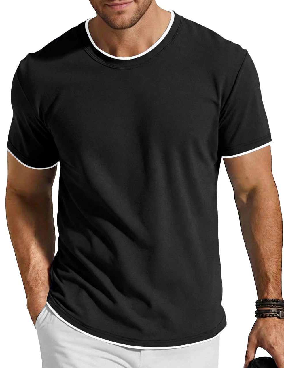 Runcati Mens Ringer Tee Casual Crew Neck Short Sleeve T Shirt | Stretchy, Hipster, Basic Cotton, Summer Streetwear, Modern Color Block Design, Lightweight, Casual Fashion T-Shirt for Men