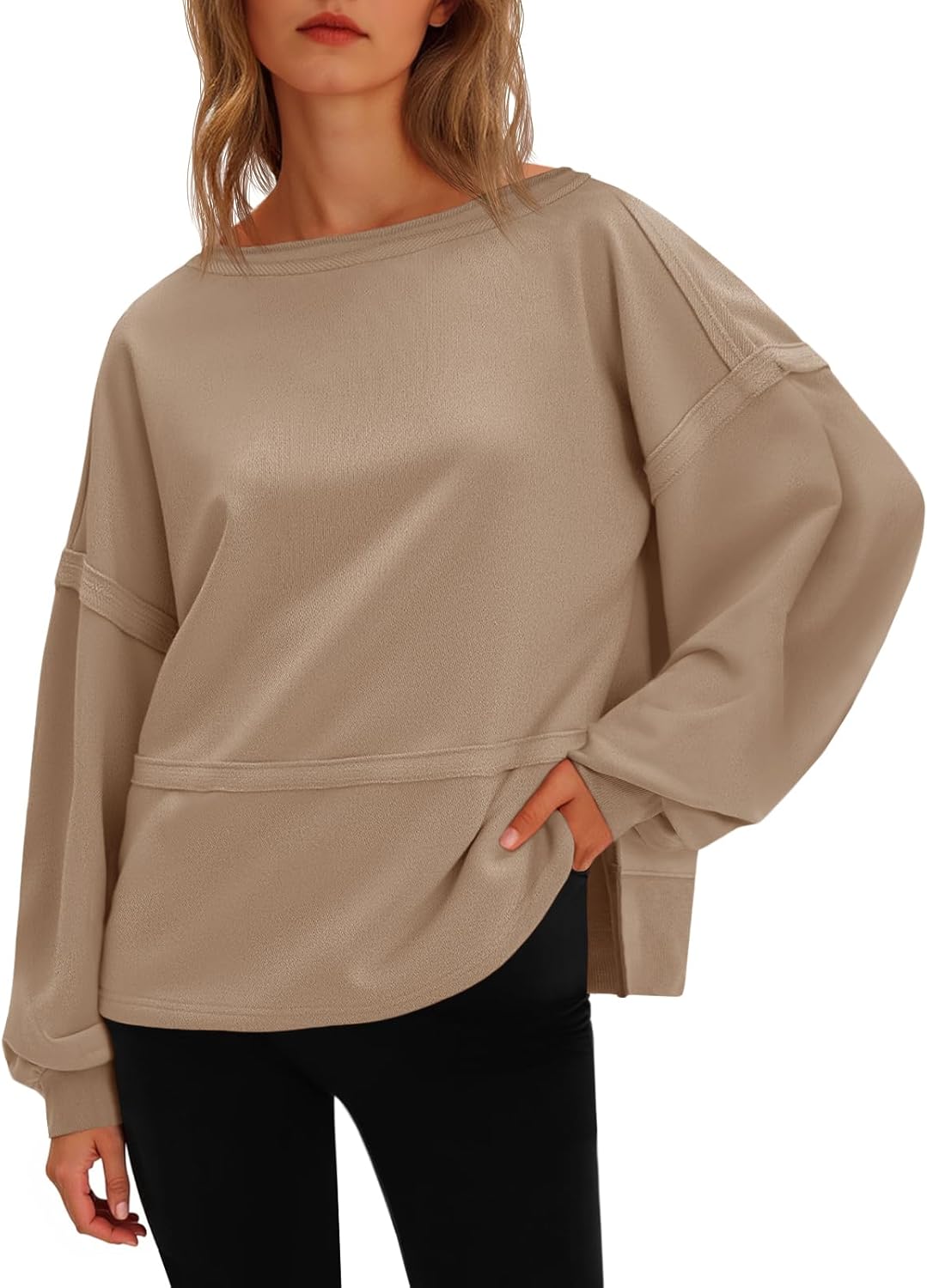Fisoew Womens Oversized Sweatshirts Lantern Long Sleeve High Slit Loose Pullover Tops Fall Crewneck Shirts