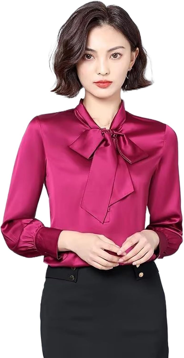 Women's Elegant Long Sleeve Blouse with Bow Collar Office Top White Satin Blouse