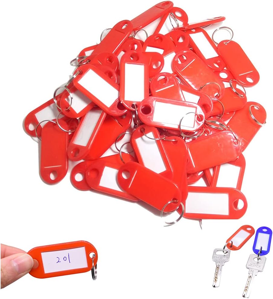 Key Tags Plastic Key Tags Key ID Tags Key Labels Tags with Split Rings for Baggage Key Chains Key Rings(Red,50pcs)