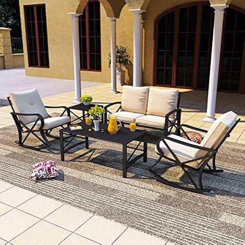 PatioFestival Patio Furniture Conversation Set Outdoor Patio Conversation Sectional Sets Metal Frame Rocking Chair Loveseat with Cushions, Coffee Table for Pool Backyard Lawn (5Pcs, Khaki) Cover