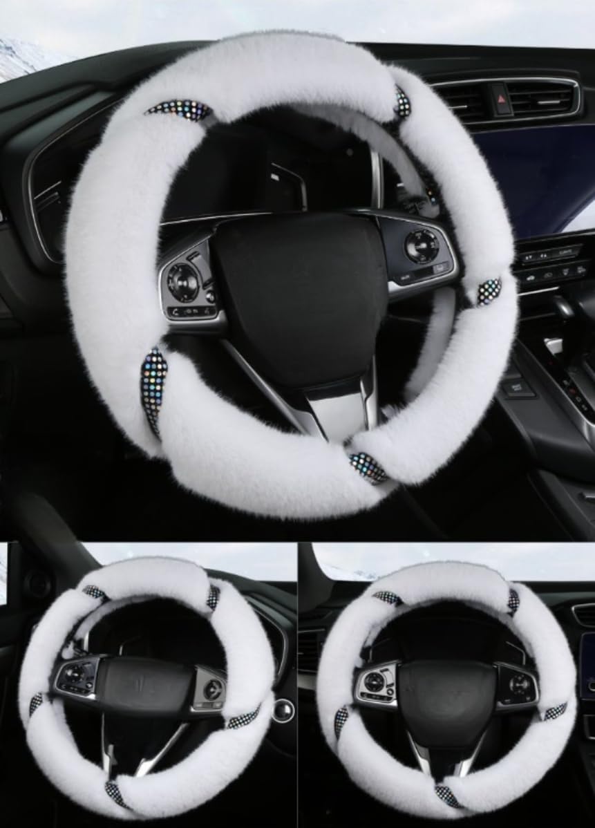 Fashionable Winter Warm Steering Wheel Cover Universal 15 Inch Anti-Slip Soft Plush with Bling Diamond Fluffy Auto Car Steering Wheel Covers for Women Men (White)