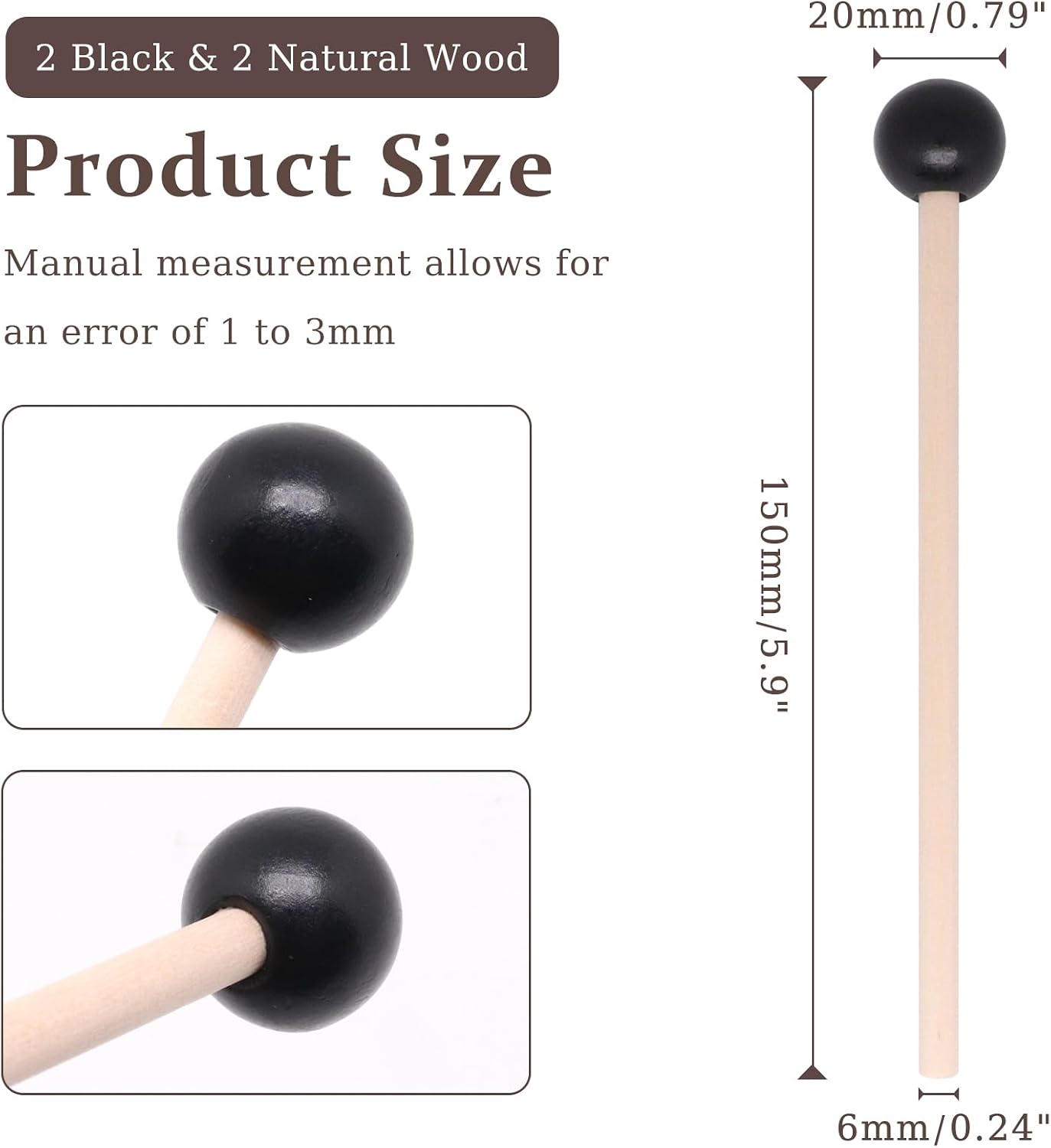 4 PCS Steel Tongue Drum Mallets, 5.9 Inch Wooden Xylophone Mallet, Glockenspiel Stick Bell Stick Percussion Drumsticks for Musical Instruments (Black & Natural Wood) image 2
