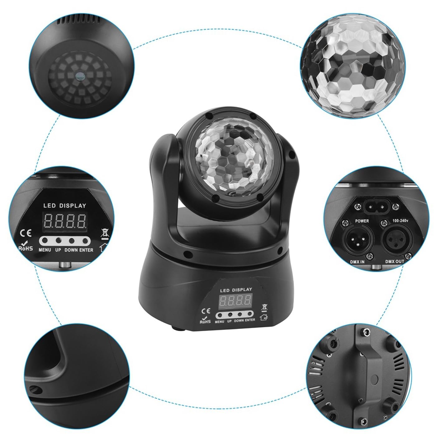 Testa Mobile per DJ, 30W RGBW a Doppia Faccia, con caleidoscopio e Controller DMX, attivata dal Suono, luci da Discoteca per Interni (1 Pezzo)
