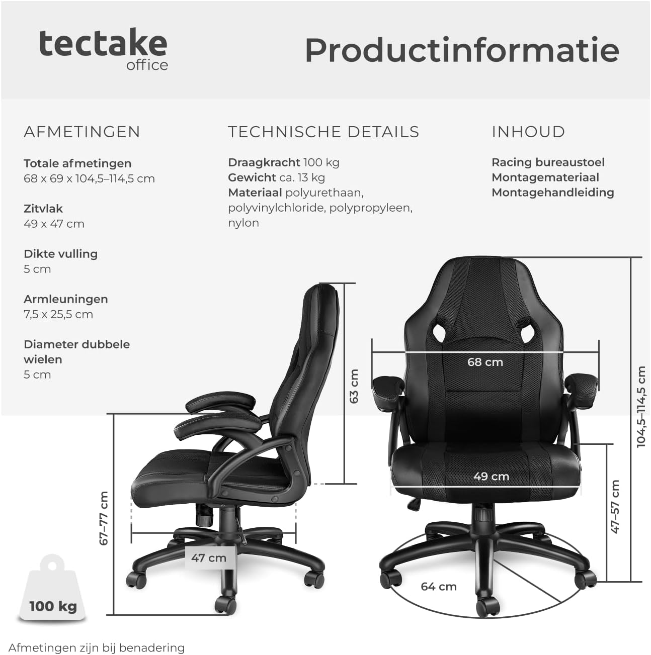 tectake office chair product information and dimensions