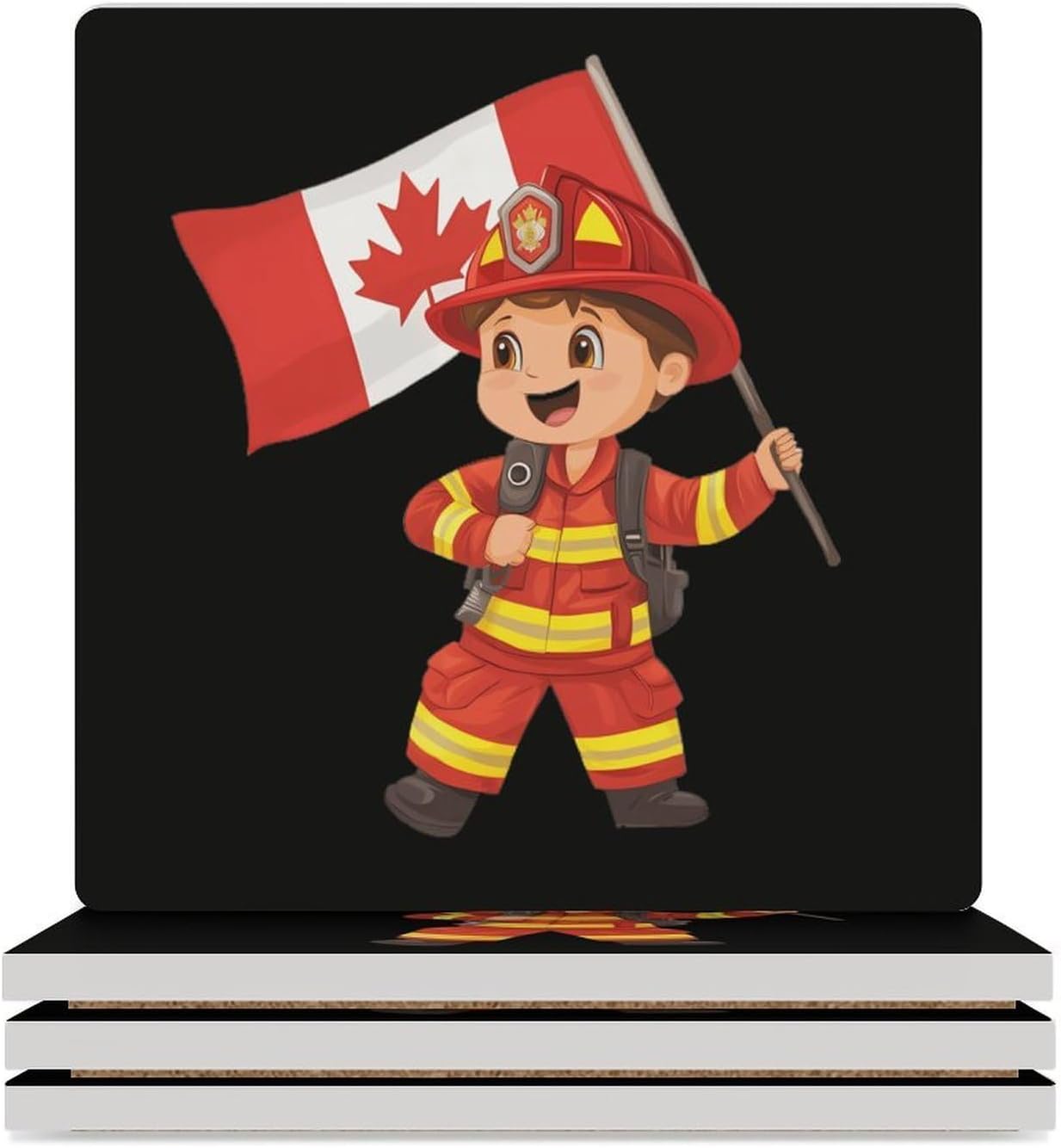 Cartoon Fireman Firefighter Canada Flag Funny Ceramic Coasters for Drinks Absorbent Cup Holder Tabletop Protector with Cork Base