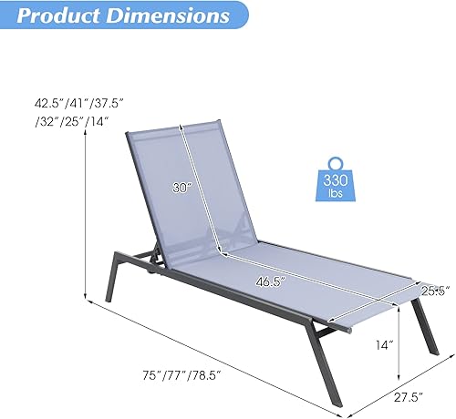 Miniatura 3 de HAPPYGRILL Tumbona para patio, reclinable al aire libre con respaldo ajustable de 6 niveles, tela transpirable y de secado rápido, tumbona ajustable