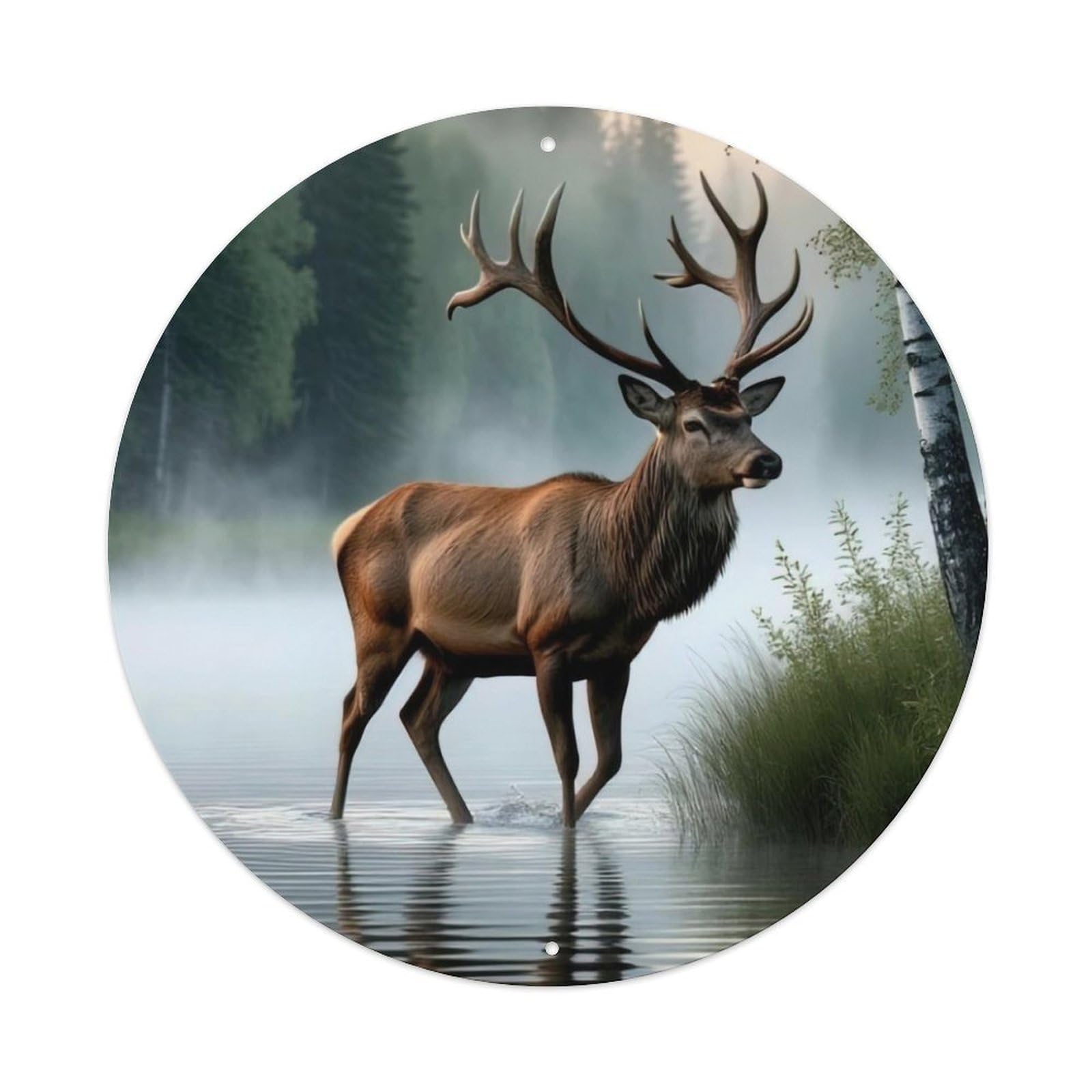 Animal Red Deer in Misty Forest Lake with Birch Trees Wildlife Nature Vintage Metal Tin Sign Plaque Wall Decor for Cafe, Club Bar, Office, Garden Metal Poster 8x8Inch
