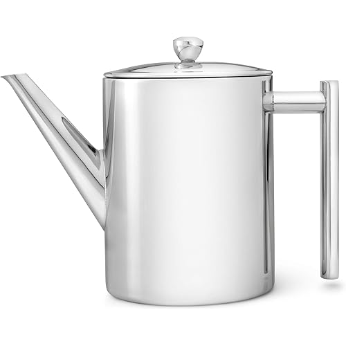 bredemeijer Cylindre Double Walled Teapot, 1.2-Liter, Stainless Steel Glossy Finish