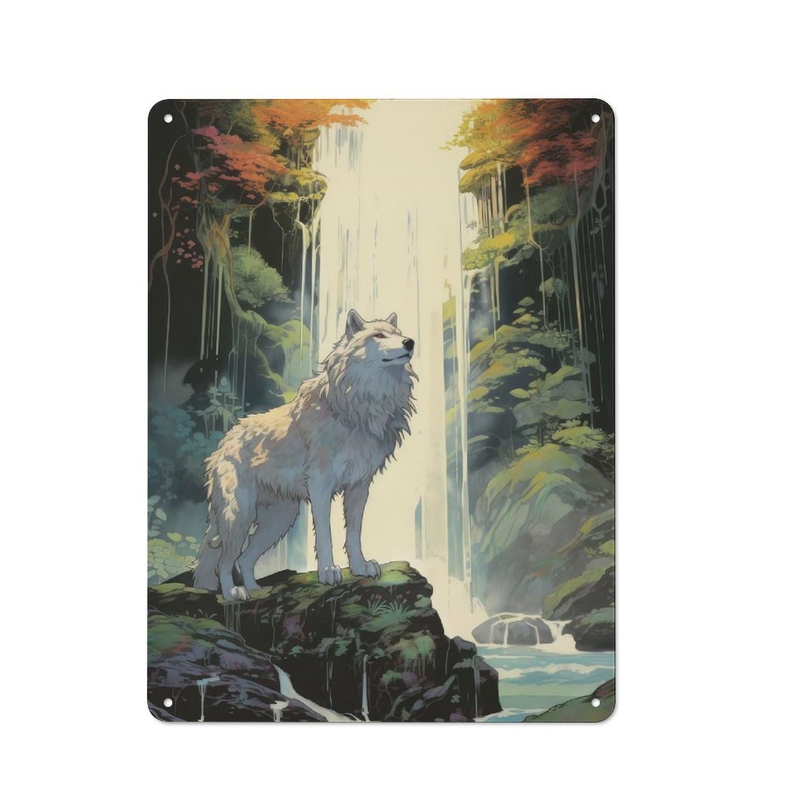 Junmoney A Wolf At The Waterfall Metal Wall Sign 40X30cm Featuring For Home Bar Wall, For Themed Interiors In Home Bars And Entertaining Spaces