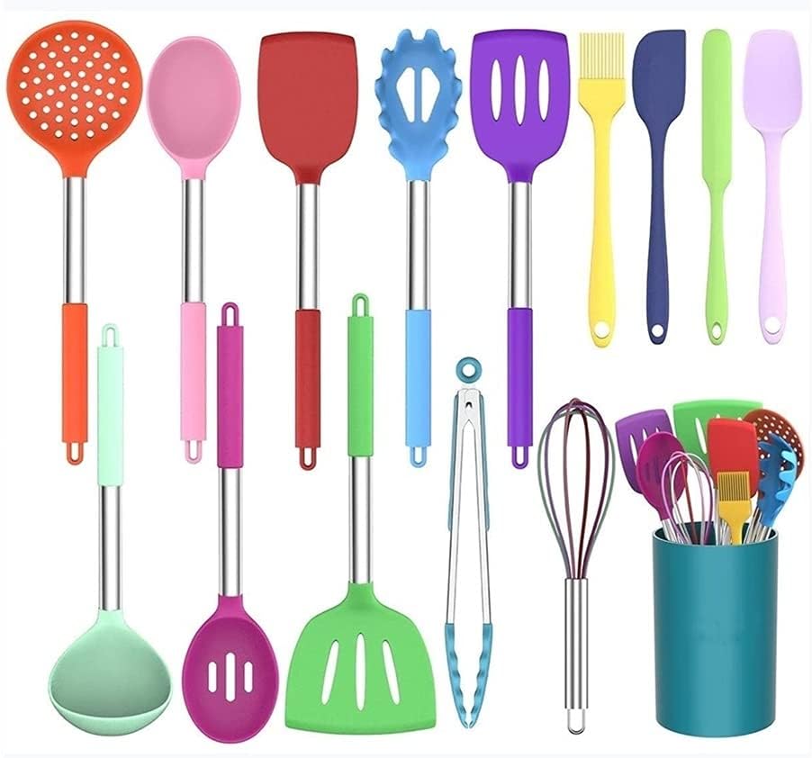 15PCS Silicone Kitchen Cooking Utensil Set Non-Stick Stainless Steel Handle Kitchenware Cookware Tools Kitchen Gadgets Tools Set (Color : Black) (Light Grey)