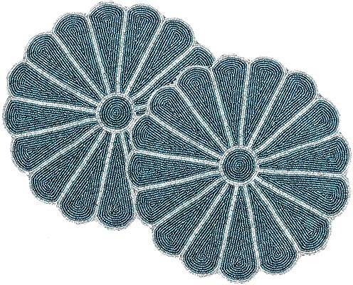 Handmade Round Beaded Placemat for Dining Table - Pack of 2 Measure 13 Inches for Gathering, Occasional Decoration and Family Parties Celebrations - Teal/Silver