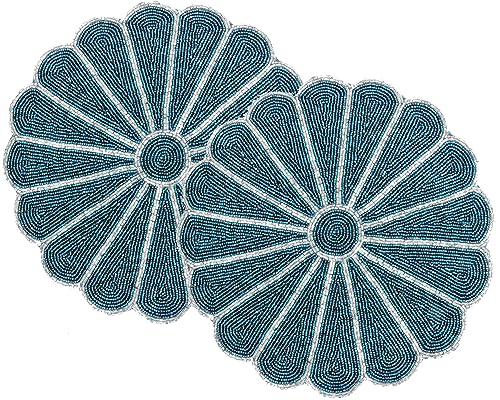 Handmade Round Beaded Placemat For Dining Table - Pack Of 2 Measure 13 Inches For Gathering, Occasional Decoration And Family Parties Celebrations - Teal/Silver #TOP12