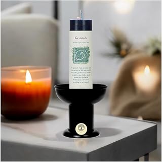 1.5" x 7" Herbal Pillar Magic Candle, Reiki Energy Charged with Inspirational Label & Black Metal Pillar Holder (Gratitude), Set