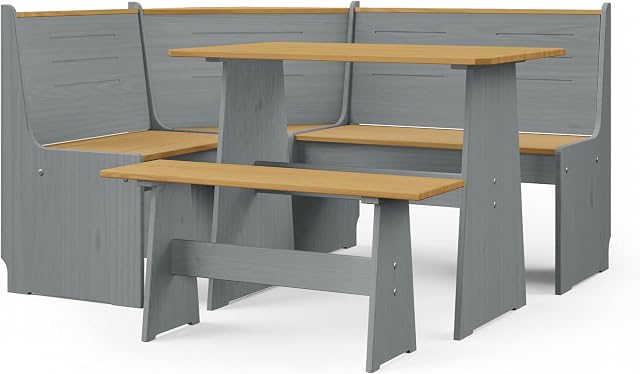 Corner Bench Dining Room Set with Solid Wood Dining Table and Wooden Dining Chairs for Seating 6 People, Space Saving Dining Table and Bench Set in (Grey with Honey Top)