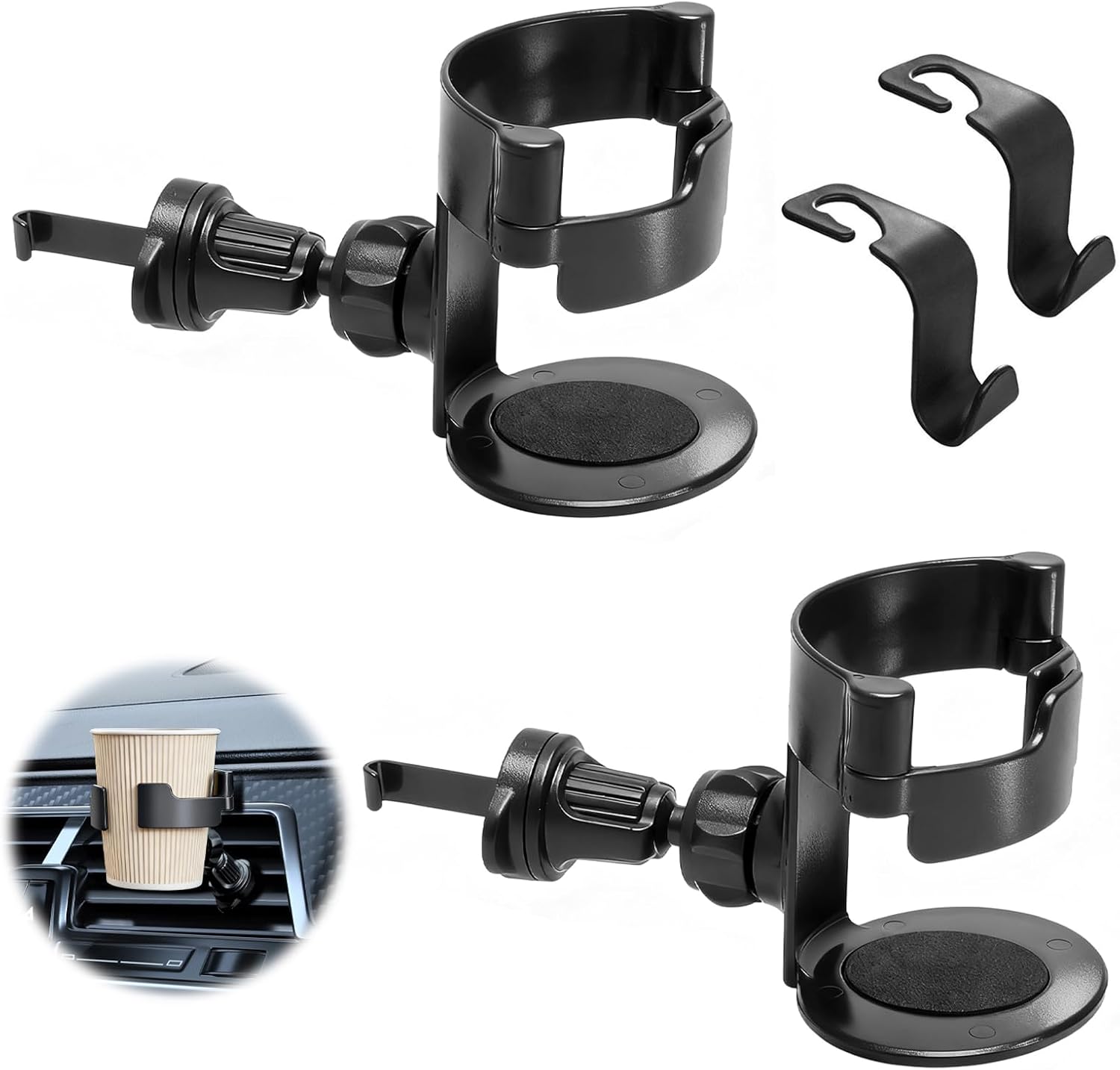 Pack of 2 Car Cup Holders with Two Small Car Hooks, Cup Holder Car, Drink Holder, Car Ventilation, Bottle Holder for Car Ashtray, Coffee Cup and Drink Can
