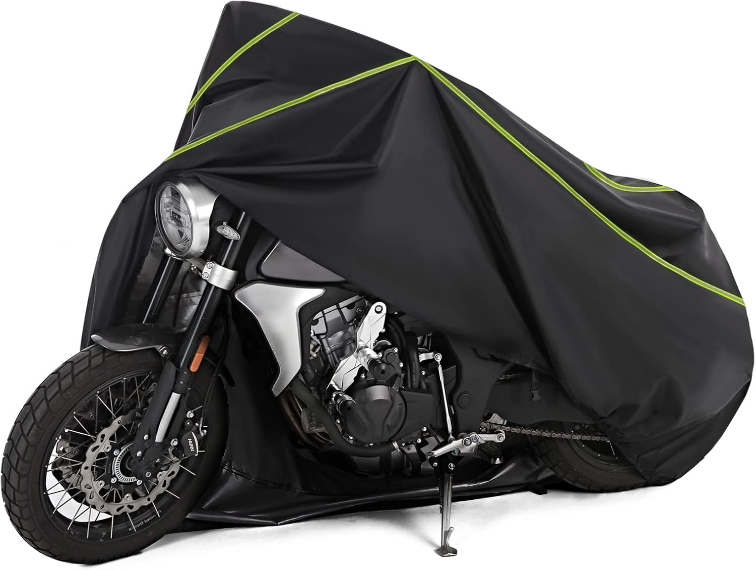 ILM Motorcycle Cover Ultra Durable Tear Resistant All Season Waterproof Outdoor Protection Vehicle Covers Night Reflective Stripes with Lock Hole Fits up to 78″ Bikes Model-MC03 (Black Medium)