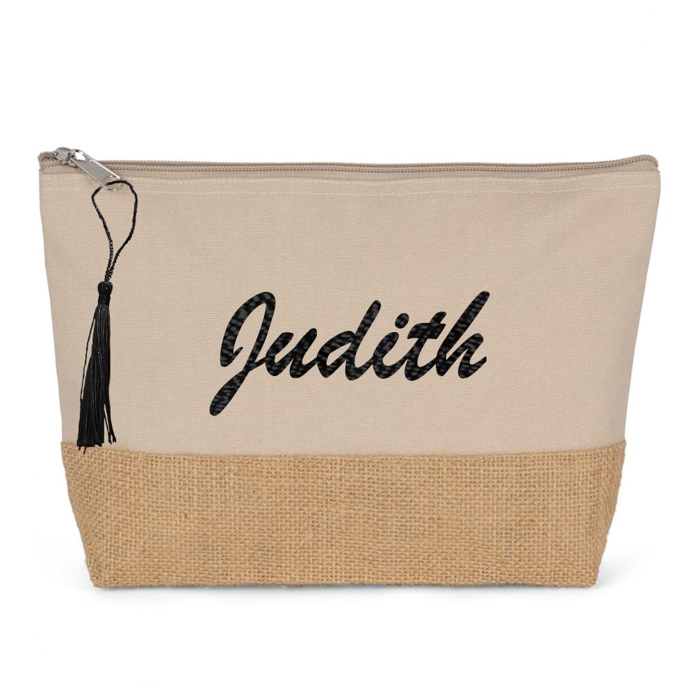 Trousse brodée main en coton durable et jute avec finitions pompon
