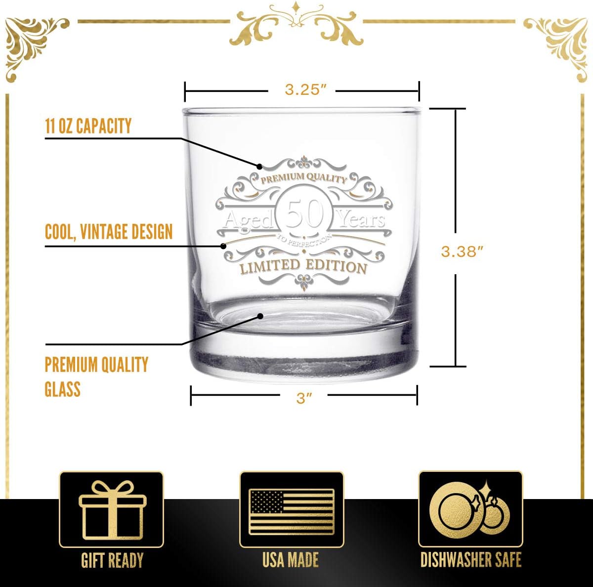 DU VINO Vintage 11 oz Whiskey Scotch Glass, 50th Anniversary Limited Edition, Old Fashioned, Aged to Perfection, USA Made, Dishwasher Safe - Image 3