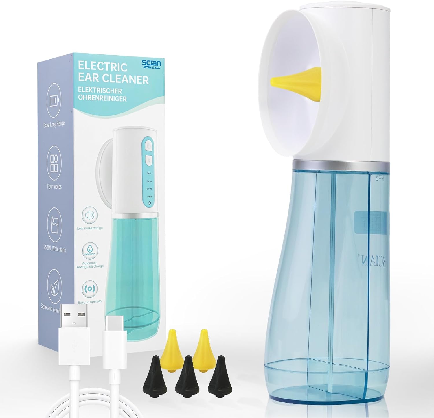 Scian Ear Wax Removal, Electric Ear Irrigation Flushing System, Water Powered Ear Cleaner Tool with 4 Pressure Settings, Safe & Effective Ear Cleaning Kit with 6 Tips, USB Rechargeable, IPX7, Blue