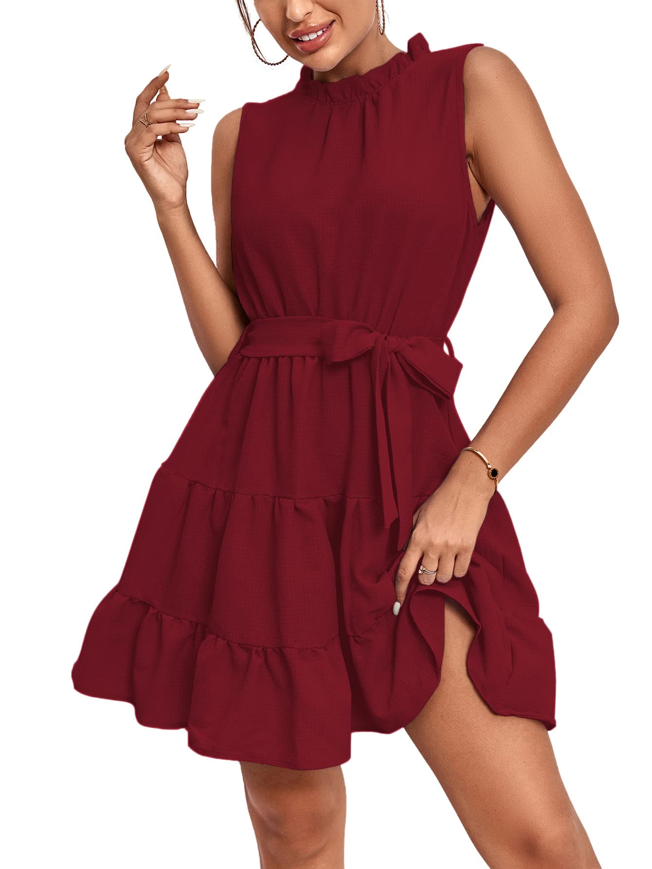 Umenlele Vestido corto para mujer, con cuello redondo, sin mangas, con nudo de corbata, cintura alta, volantes en capas, Rojo vino, S
