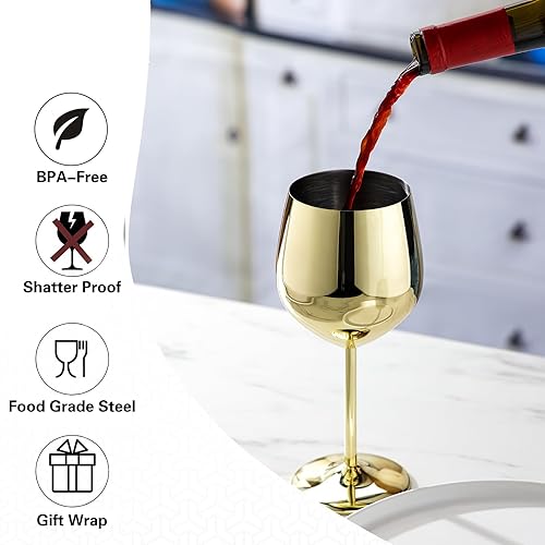 Miniatura 4 de Copas de vino de acero inoxidable (paquete de 2), 18 onzas, irrompibles, doradas, ideales para exteriores, viajes, camping, piscina, regalo para los