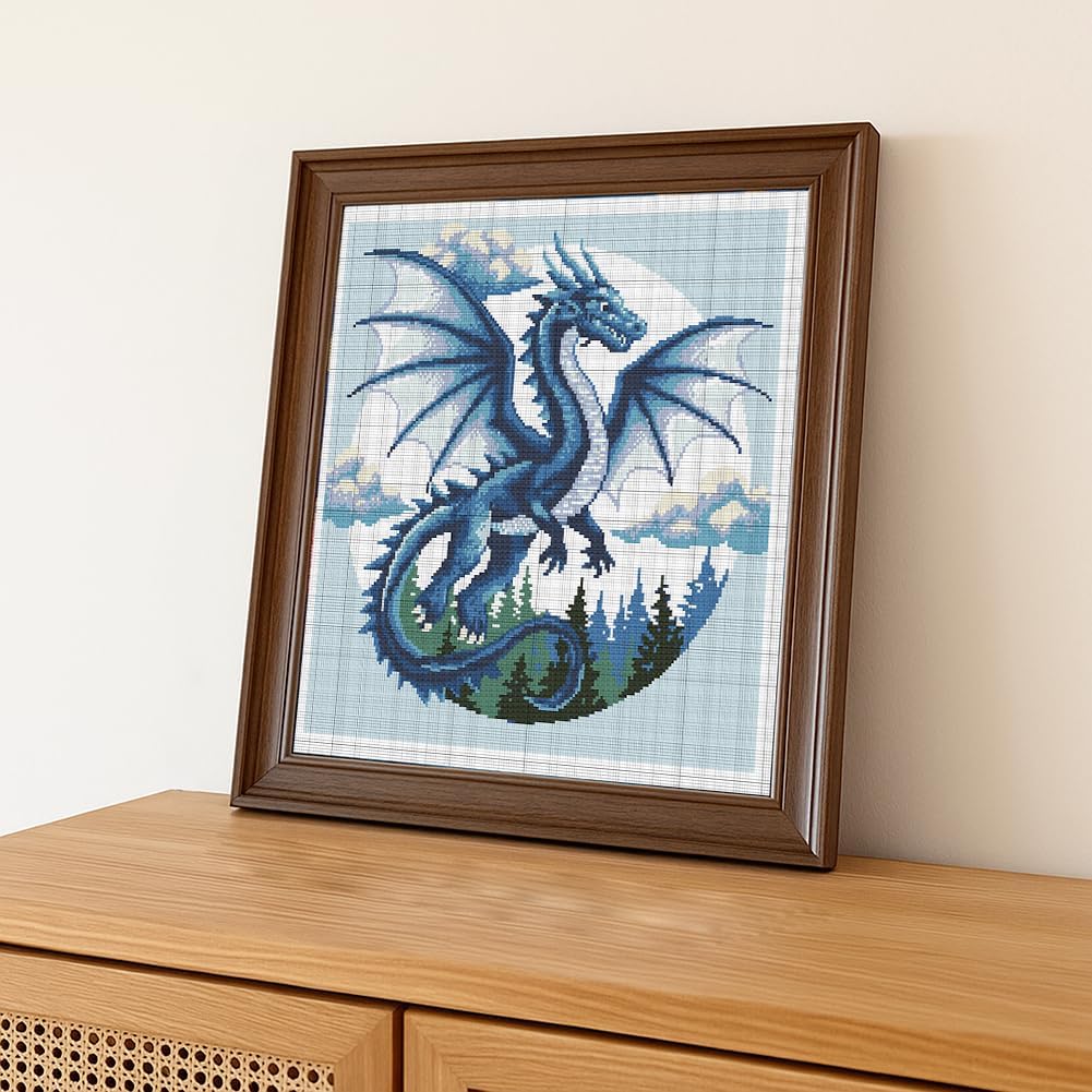 FREEBLOSS 11CT Cross Stitch Kits for Beginner Dragon Stamped Cross Stitch Kit Landscape DIY Embroidery Wall Art Painting Kit with Instructions 17.7" x 17.7"