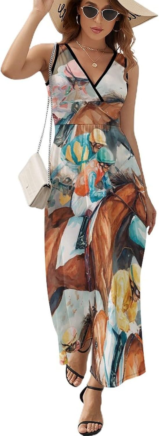Horse Race Jockeys Women's Maxi Dress Casual V-Neck Sleeveless Spaghetti Strap Beach Summer Sundress